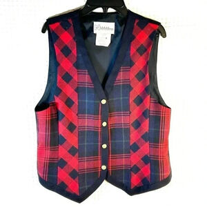 Nygard Collection Size 6 Vest 100% Worsted Wool Red Navy Plaid Gold Buttons